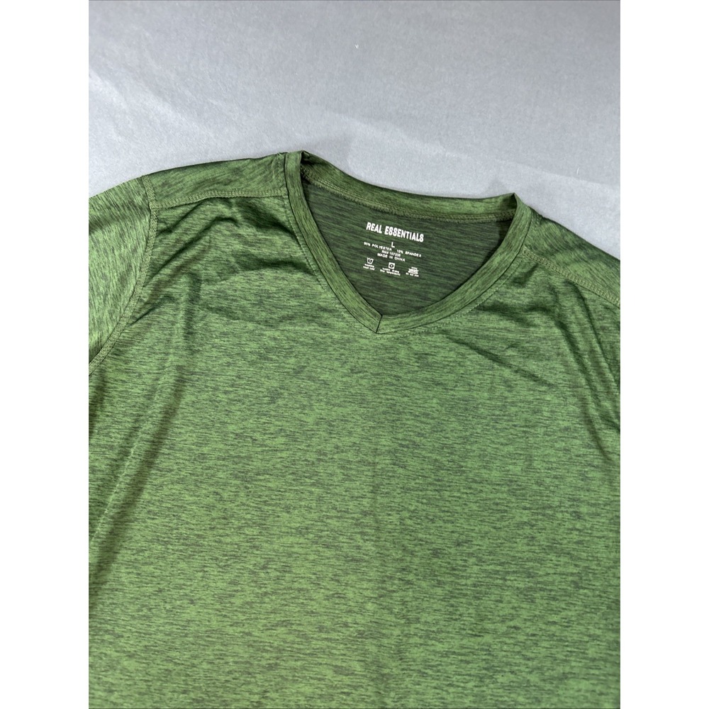 green heathered V-neck athletic T-shirt from Real Essentials with short sleeves
